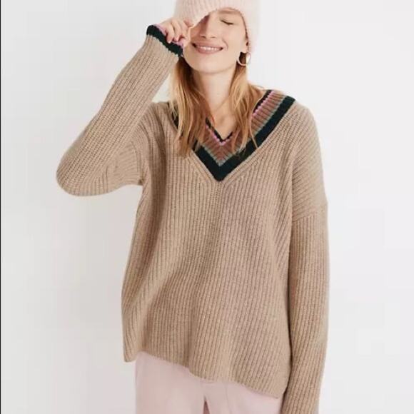 NWT Madewell Oversized Tipped Forrest V-Neck Wool Blend Sweater Tan Size XXS-S - Picture 2 of 12
